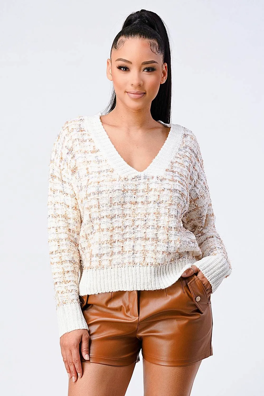 OVERSIZED RELAXED FIT MARLED V-NECK SWEATER TOP