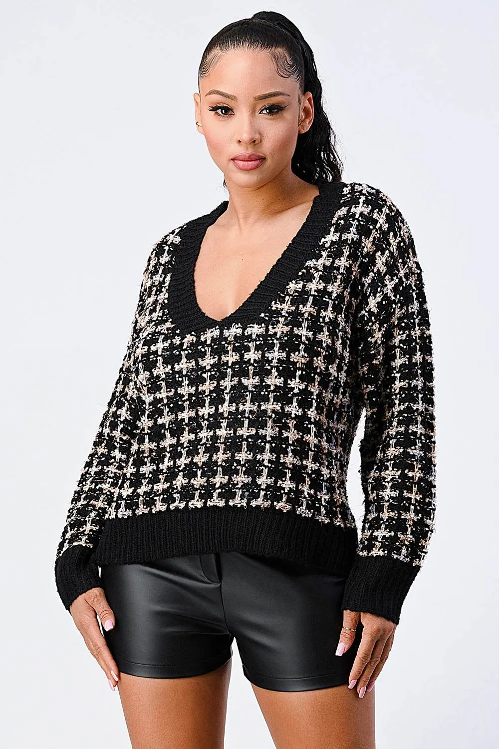 OVERSIZED RELAXED FIT MARLED V-NECK SWEATER TOP