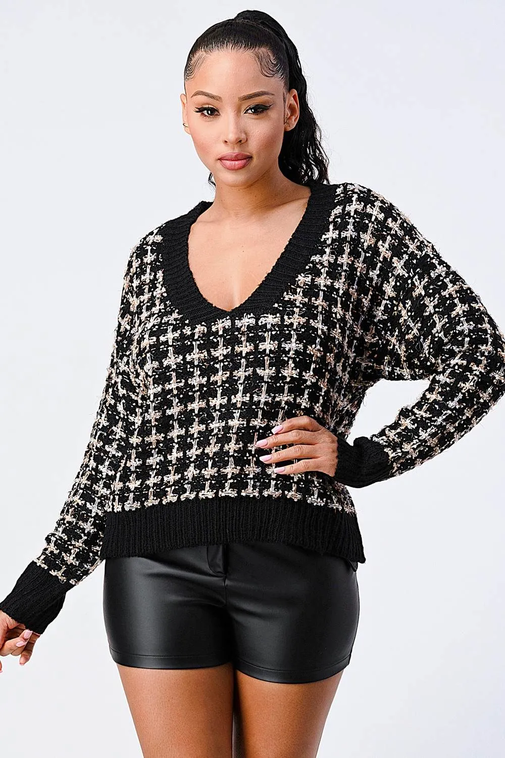 OVERSIZED RELAXED FIT MARLED V-NECK SWEATER TOP