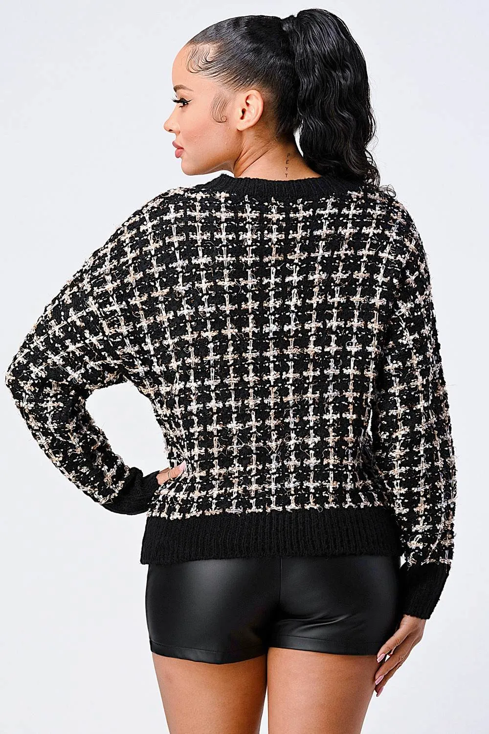 OVERSIZED RELAXED FIT MARLED V-NECK SWEATER TOP