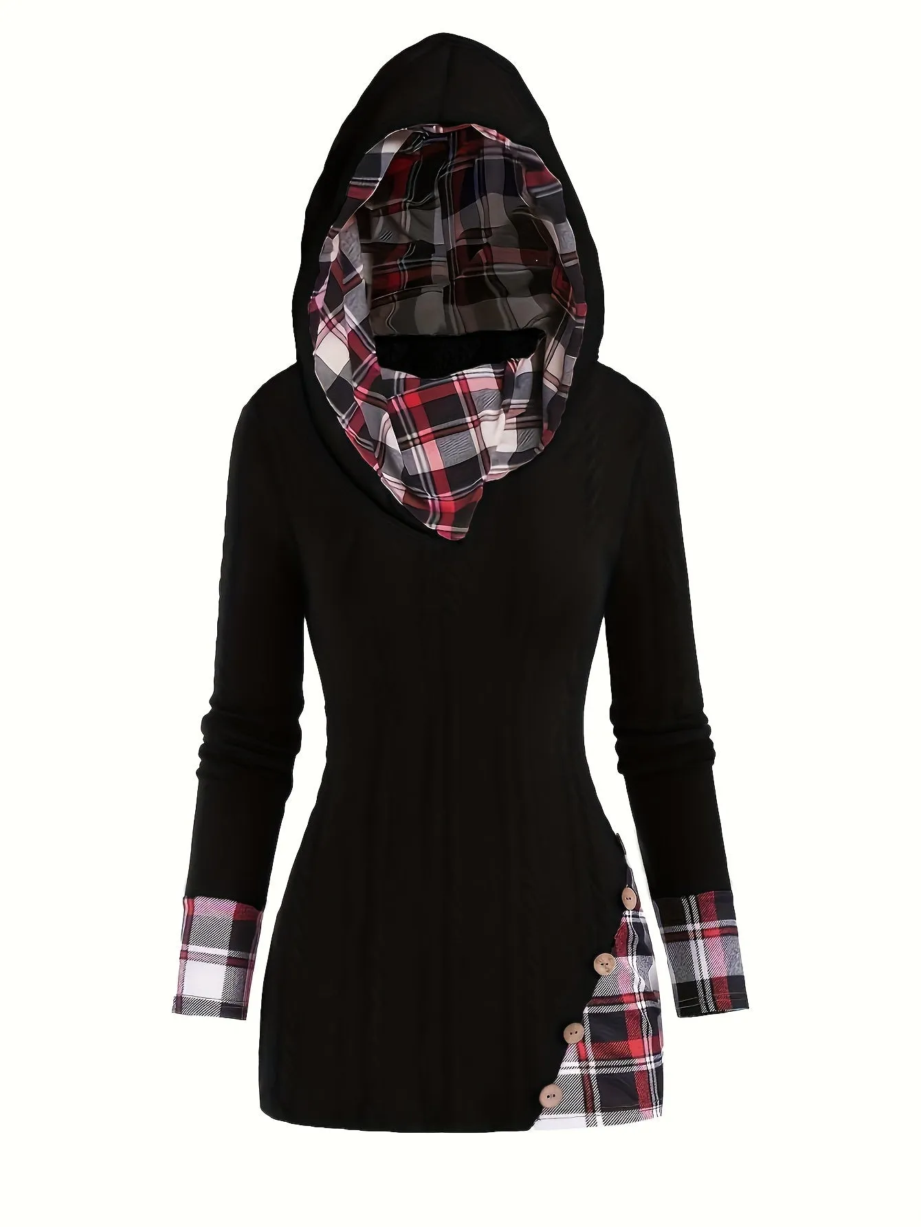 Plaid Cable Knit Hooded Sweater, Button Detail, Casual Long Sleeve