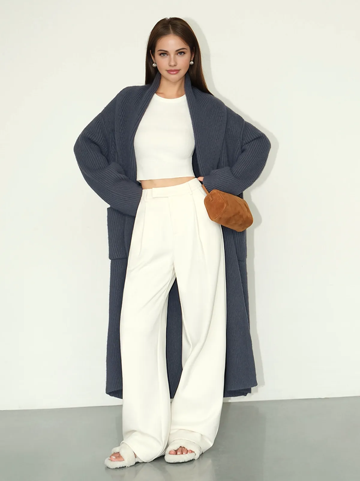 Plain Ribbed Pockets Long Cardigan