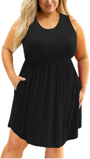 Plus Size Casual Dresses for Women Summer Sleeveless A Line Ruffle Hem Dresses Solid Color Empire Waist Sundress