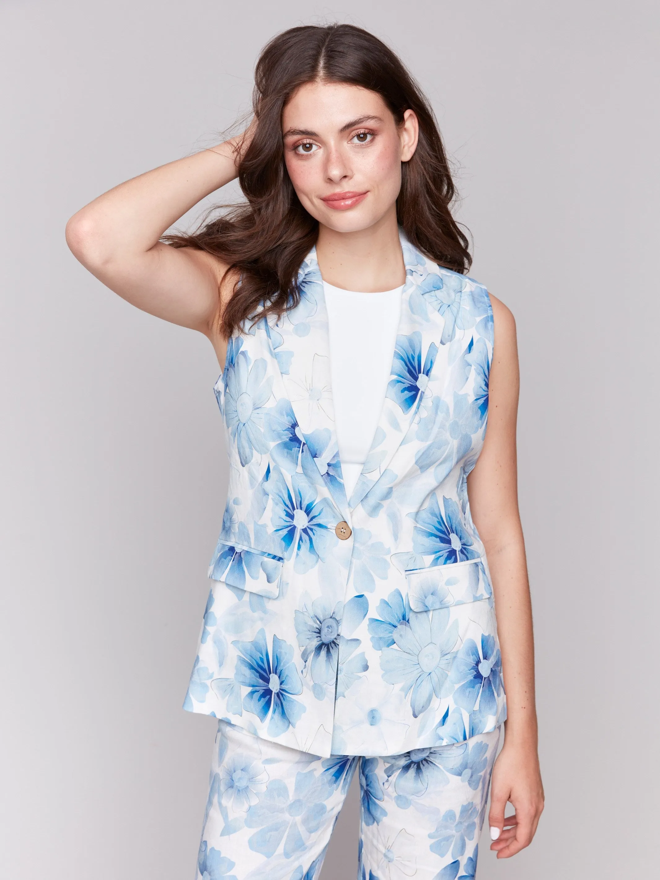 Printed Linen Blend Vest - Celestial