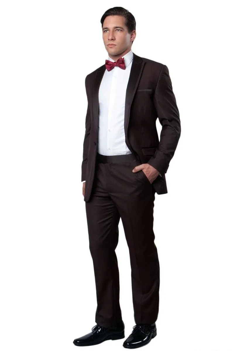 "Elegant Brown Tuxedo for Prom and Wedding: Bryan Michaels Slim Fit with Peak Lapel and Satin Accents"