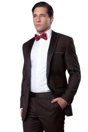 "Elegant Brown Tuxedo for Prom and Wedding: Bryan Michaels Slim Fit with Peak Lapel and Satin Accents"