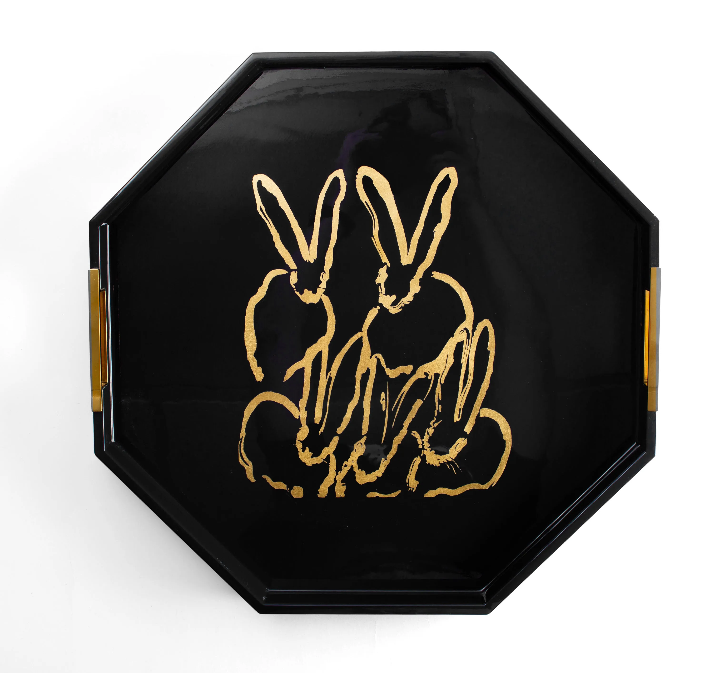Regal Rabbits Gold Leaf & Lacquer Octagonal Tray, Black