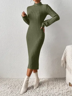 Ribbed Solid Bodycon Dress, Elegant Turtleneck Long Sleeve Dress for Women.
