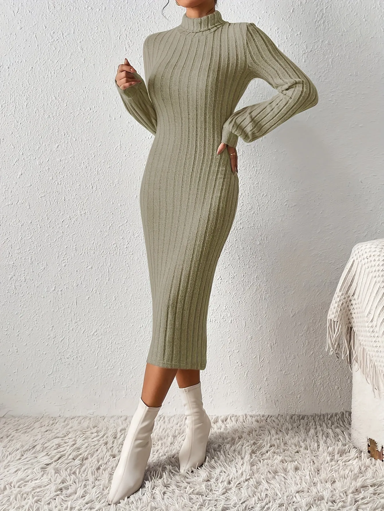 Ribbed Solid Bodycon Dress, Elegant Turtleneck Long Sleeve Dress for Women.