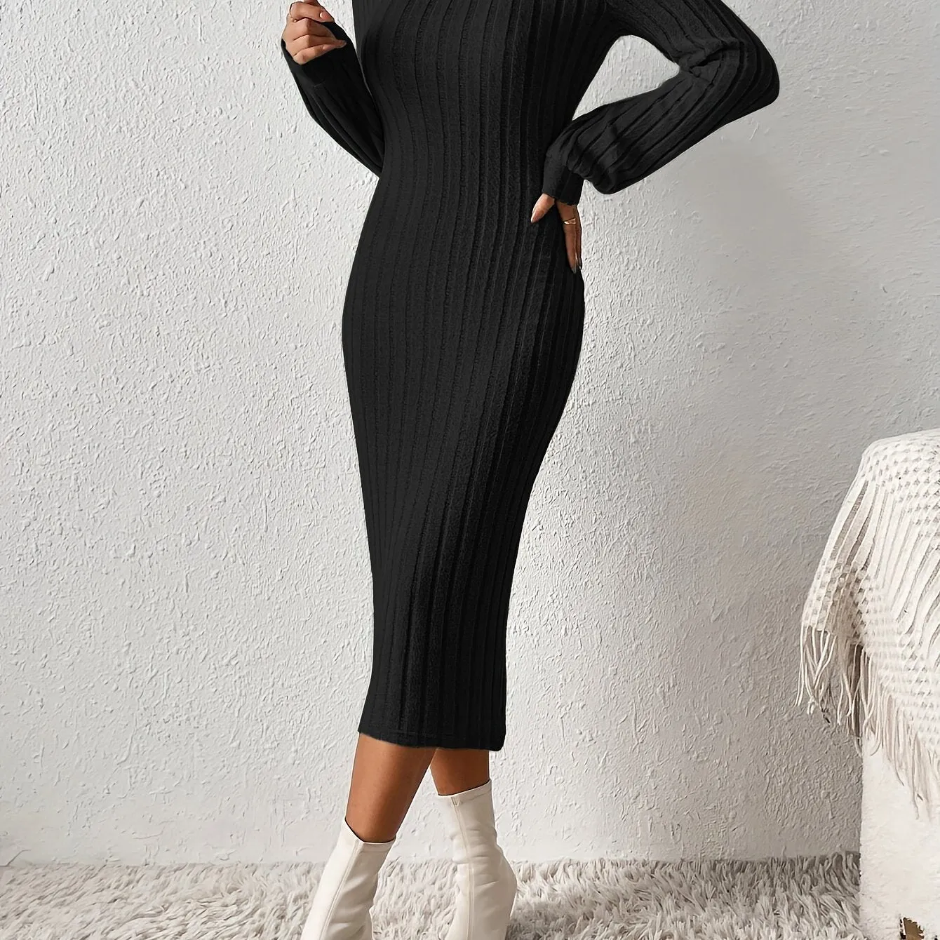 Ribbed Solid Bodycon Dress, Elegant Turtleneck Long Sleeve Dress for Women.
