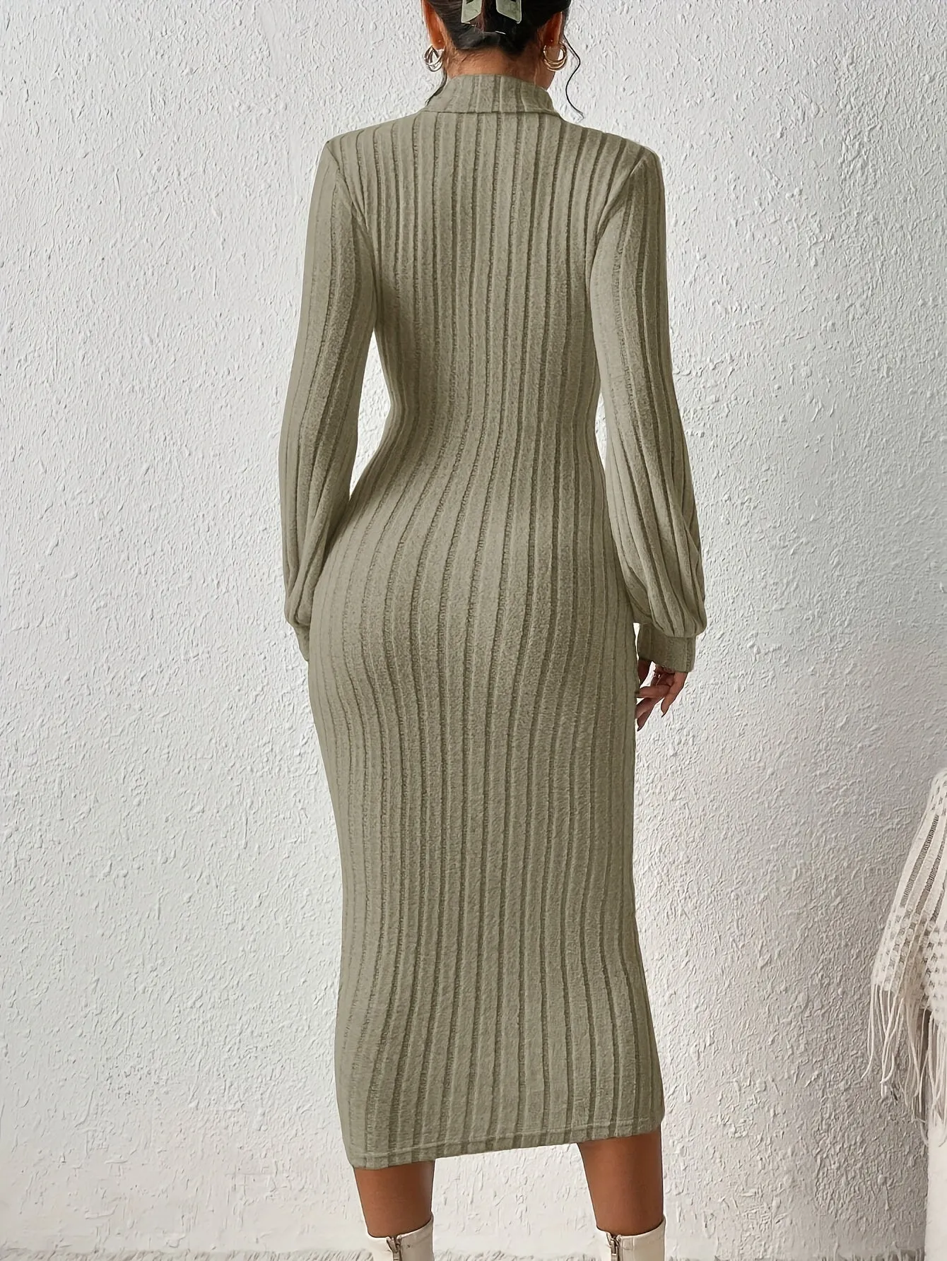 Ribbed Solid Bodycon Dress, Elegant Turtleneck Long Sleeve Dress for Women.