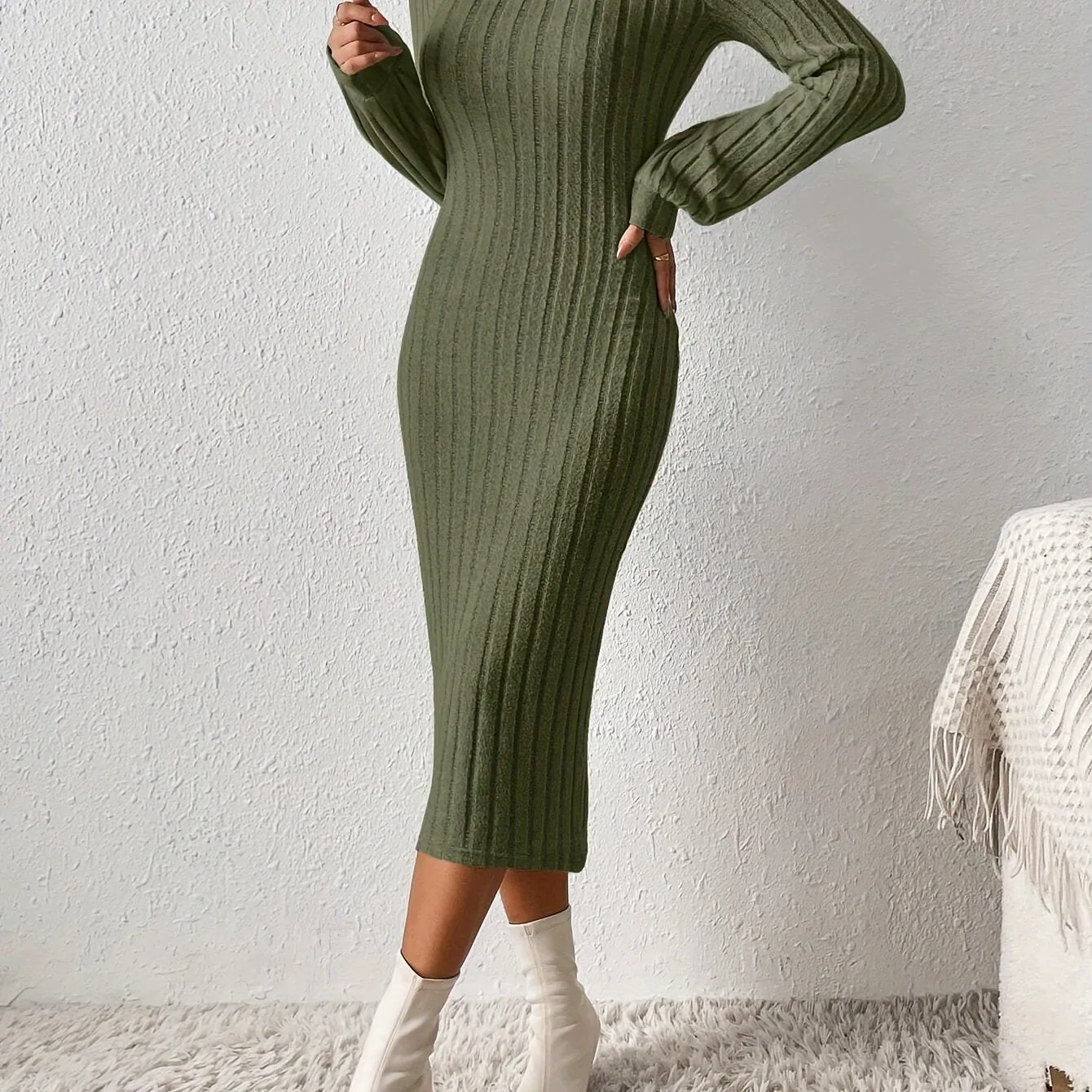 Ribbed Solid Bodycon Dress, Elegant Turtleneck Long Sleeve Dress for Women.