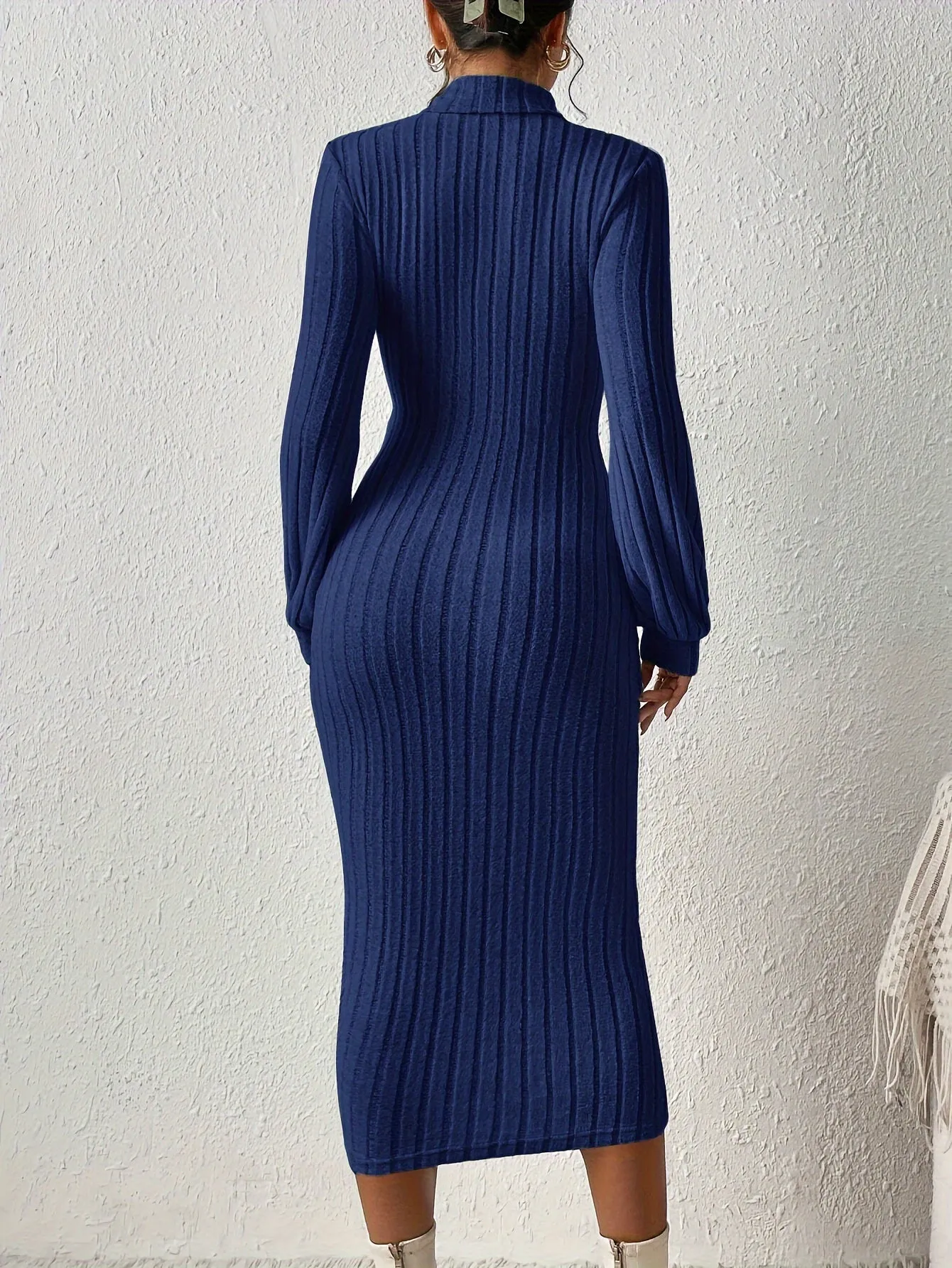 Ribbed Solid Bodycon Dress, Elegant Turtleneck Long Sleeve Dress for Women.