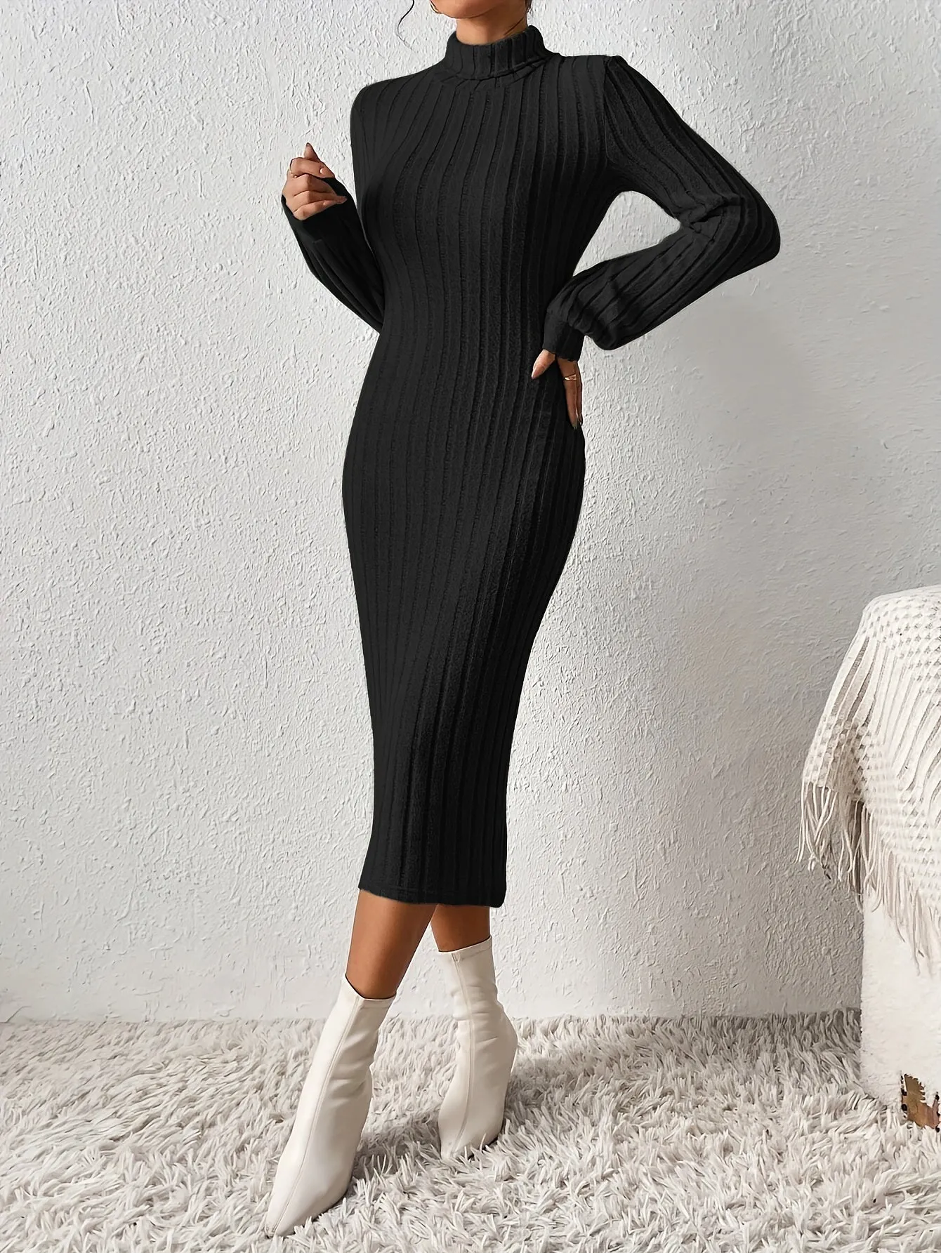 Ribbed Solid Bodycon Dress, Elegant Turtleneck Long Sleeve Dress for Women.