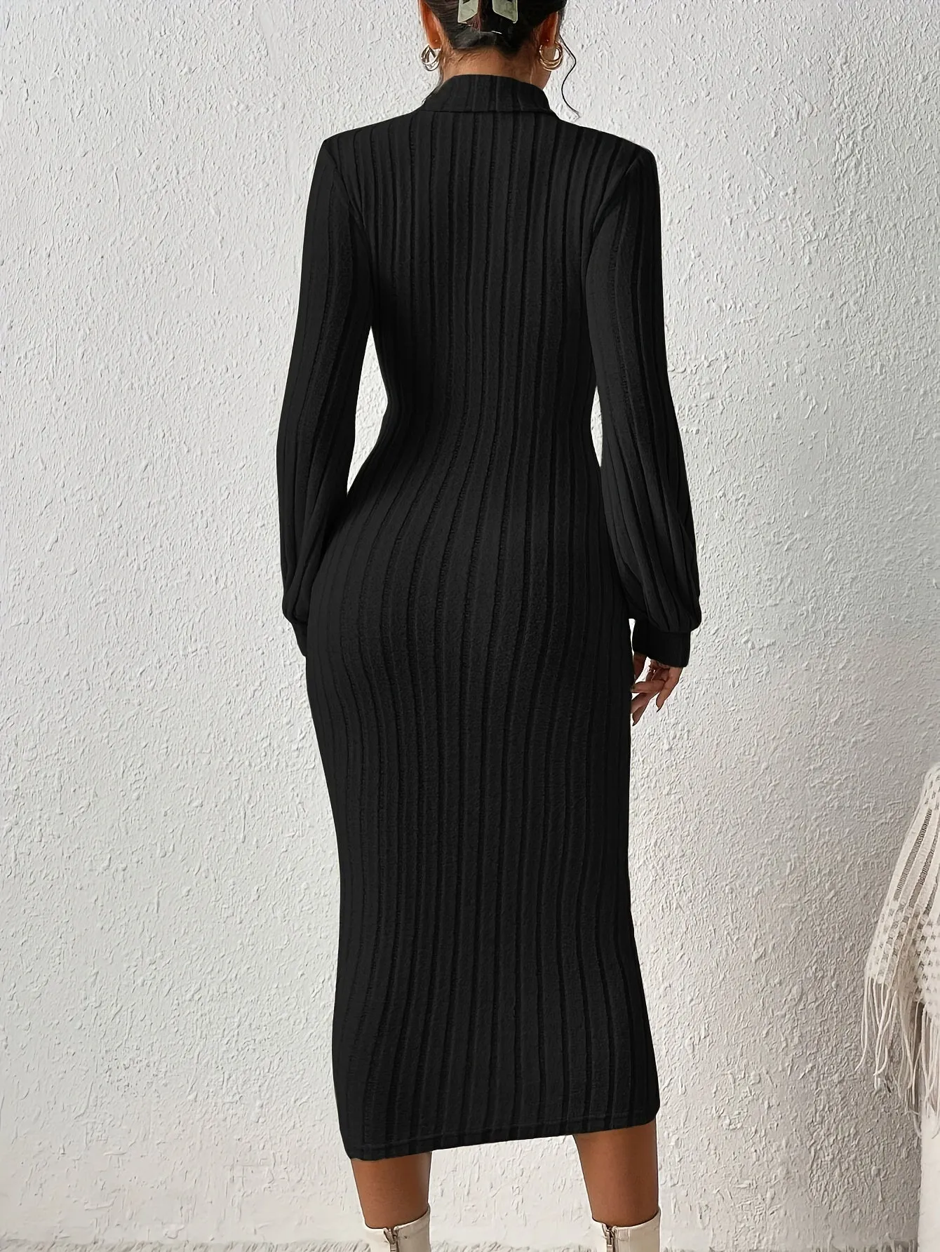 Ribbed Solid Bodycon Dress, Elegant Turtleneck Long Sleeve Dress for Women.