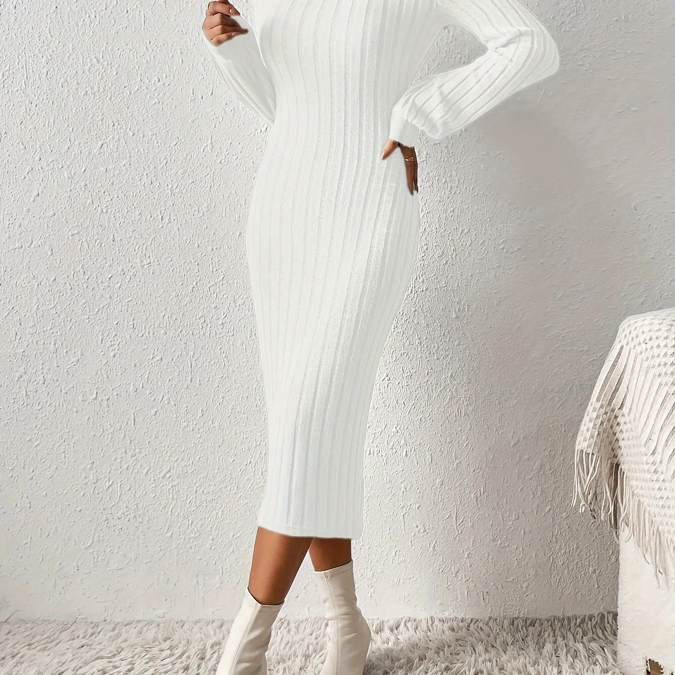 Ribbed Solid Bodycon Dress, Elegant Turtleneck Long Sleeve Dress for Women.