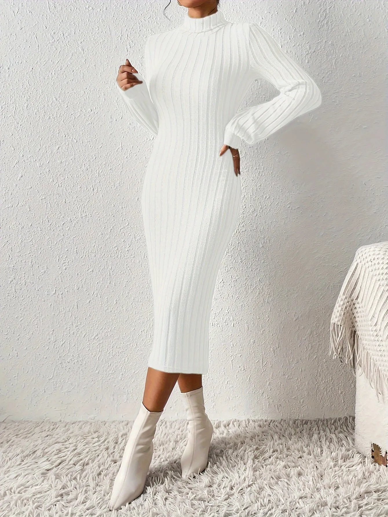Ribbed Solid Bodycon Dress, Elegant Turtleneck Long Sleeve Dress for Women.