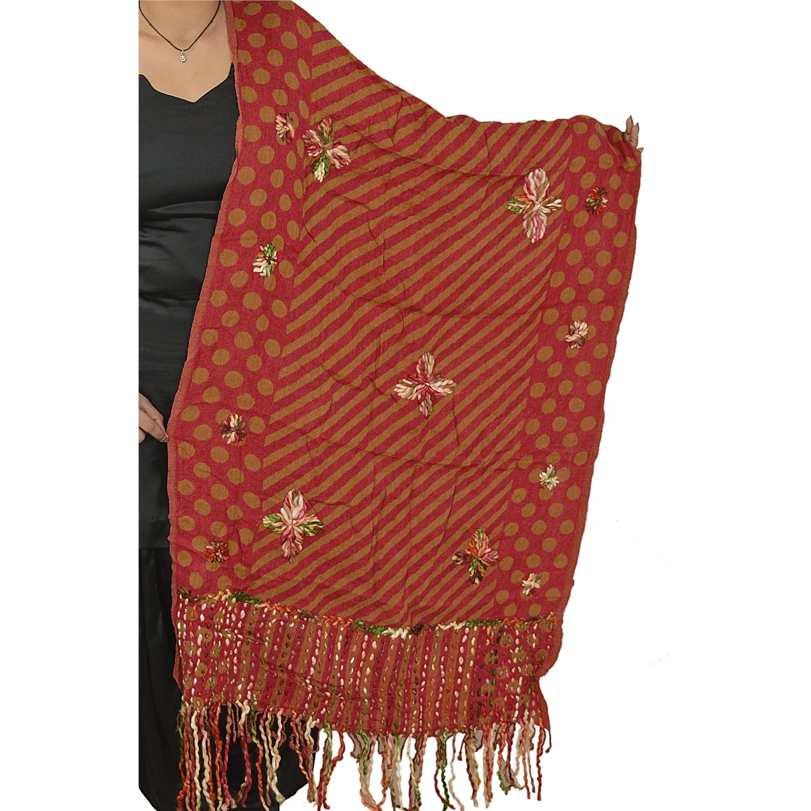 SANSKRITI NEW DARK RED HAND EMBROIDERED SHAWL SCARF BOIL WOOL STOLE WARM