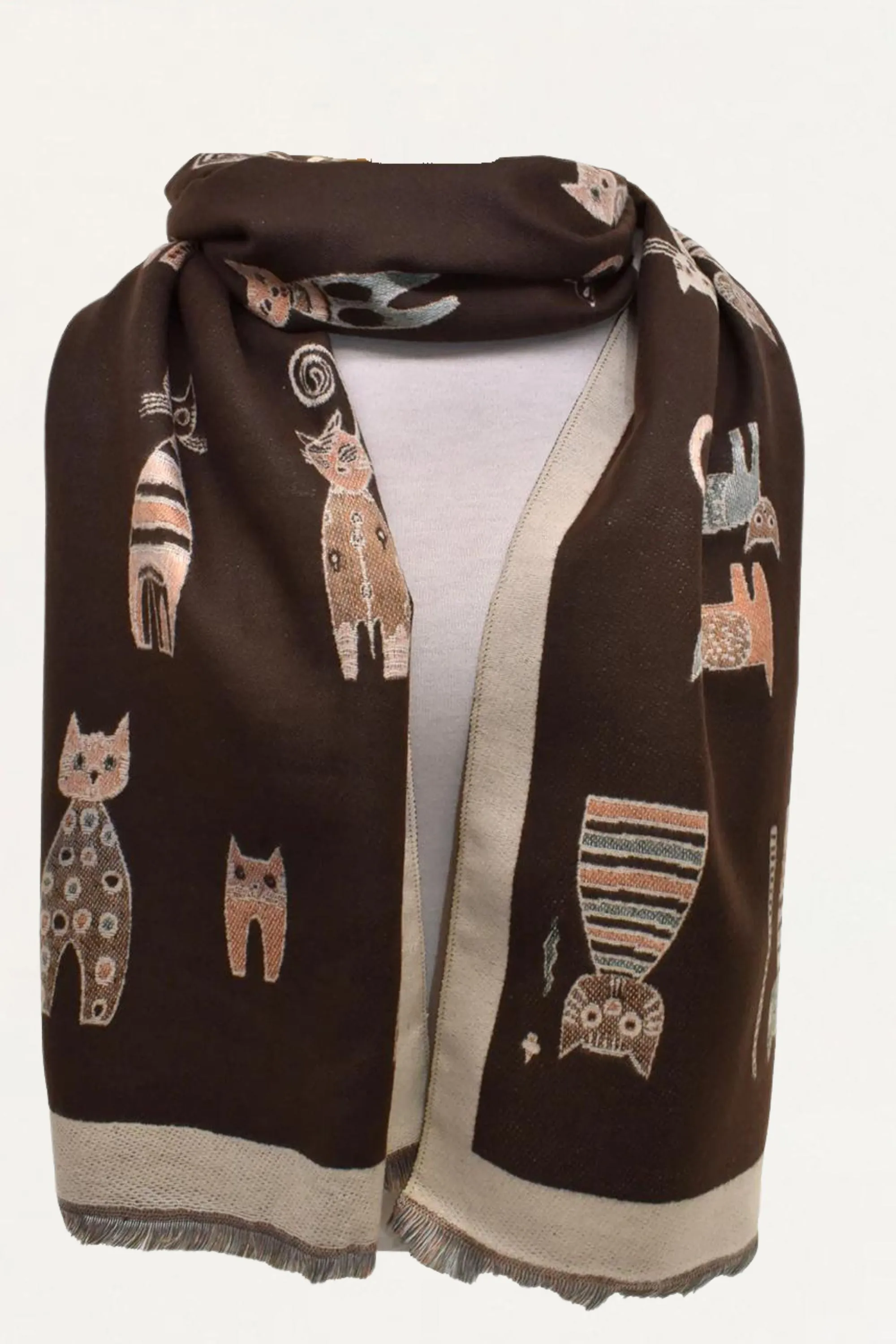 Scarf Cat Motif Border Trim