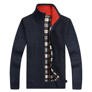 Shengweiao Men's Zip Knitted Cardigan Sweater (Large, Dark Blue)