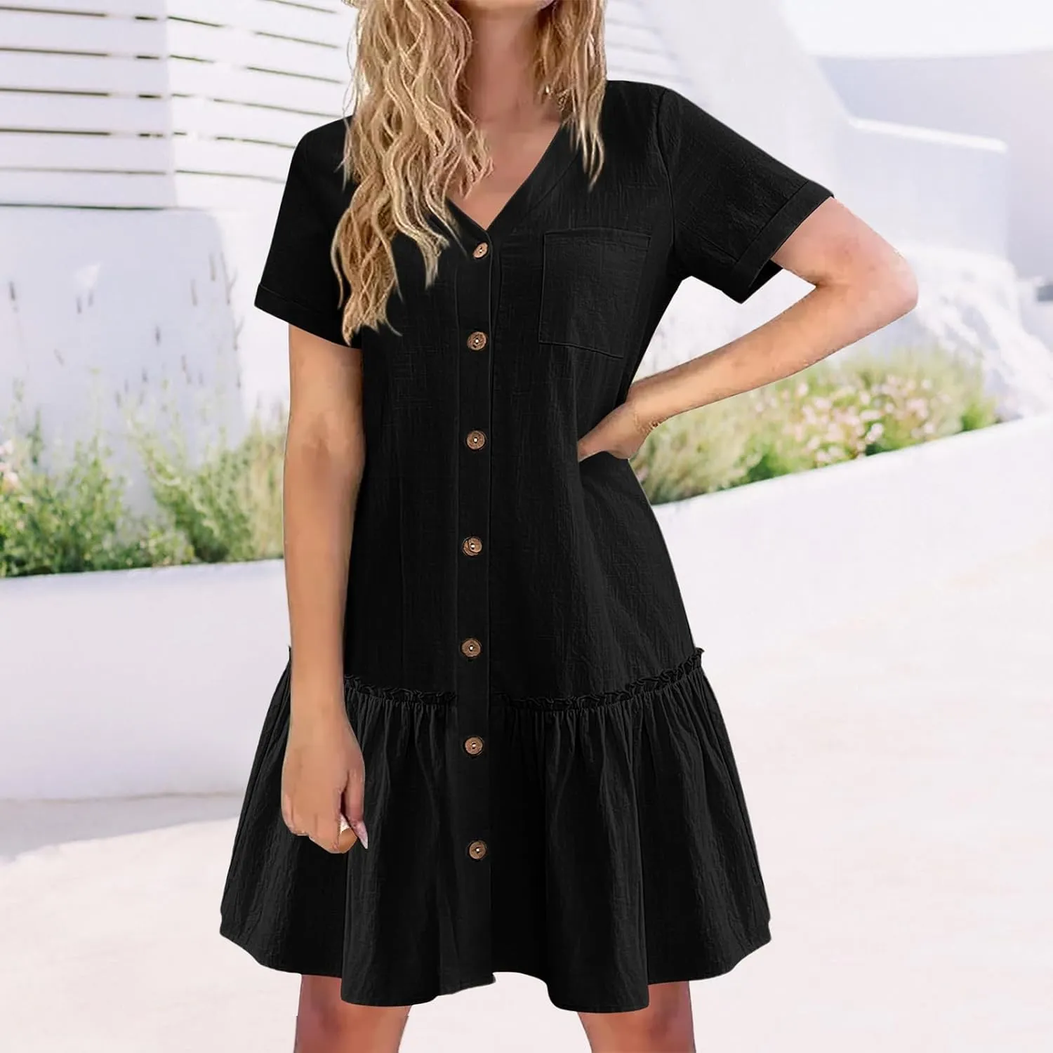 Short Sleeve Button Down Midi Dress for Women Summer V Neck A Line Beach Casual Dresses Mini T Shirt Ruffle Sundress