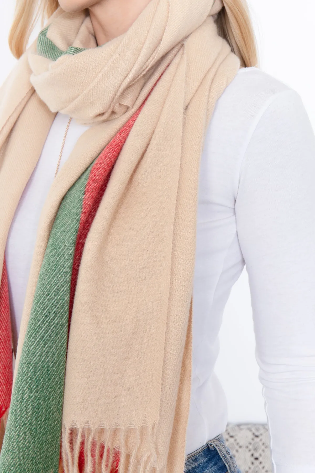 STRIPED KNIT FRINGE WARMER SCARF WRAP
