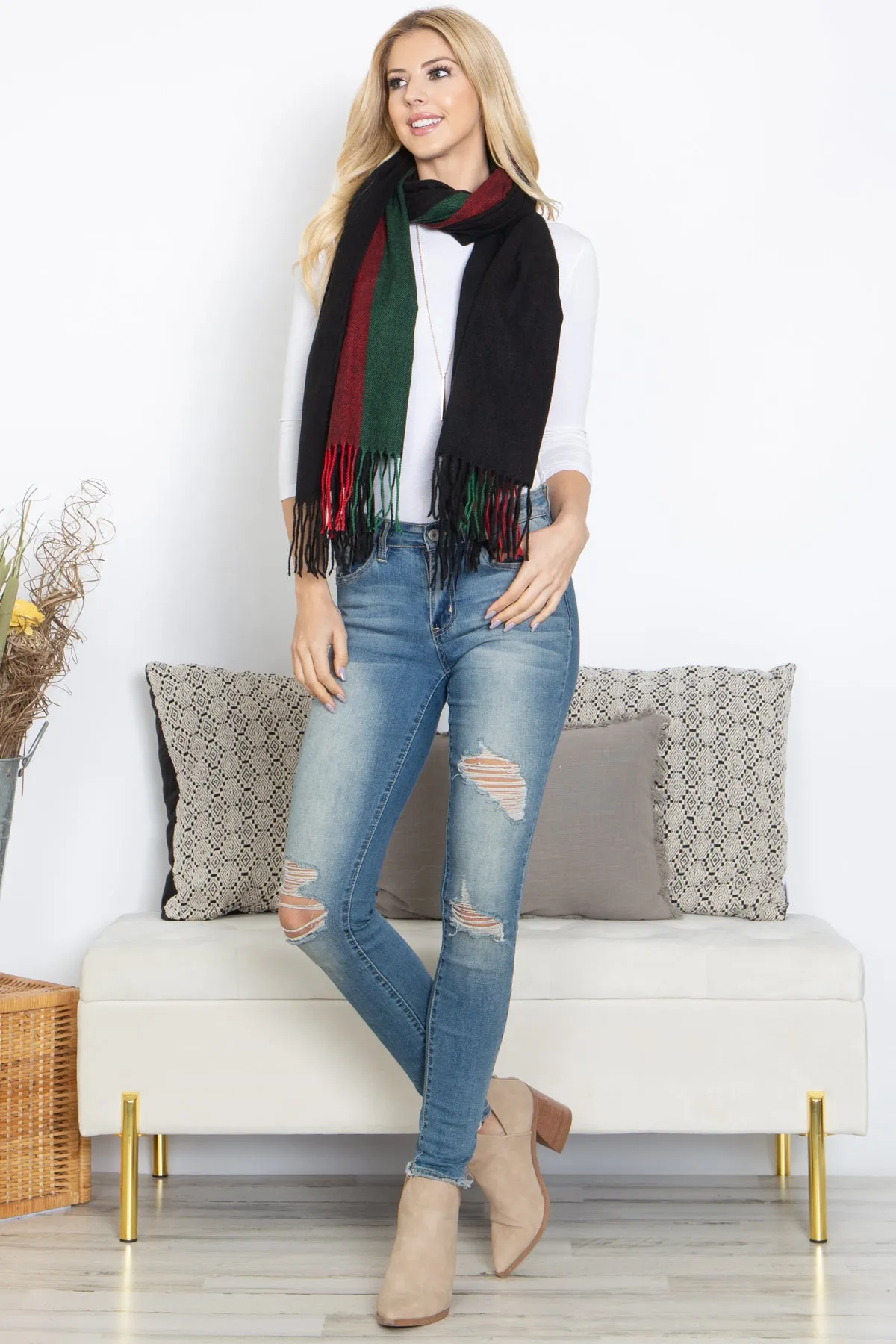 STRIPED KNIT FRINGE WARMER SCARF WRAP