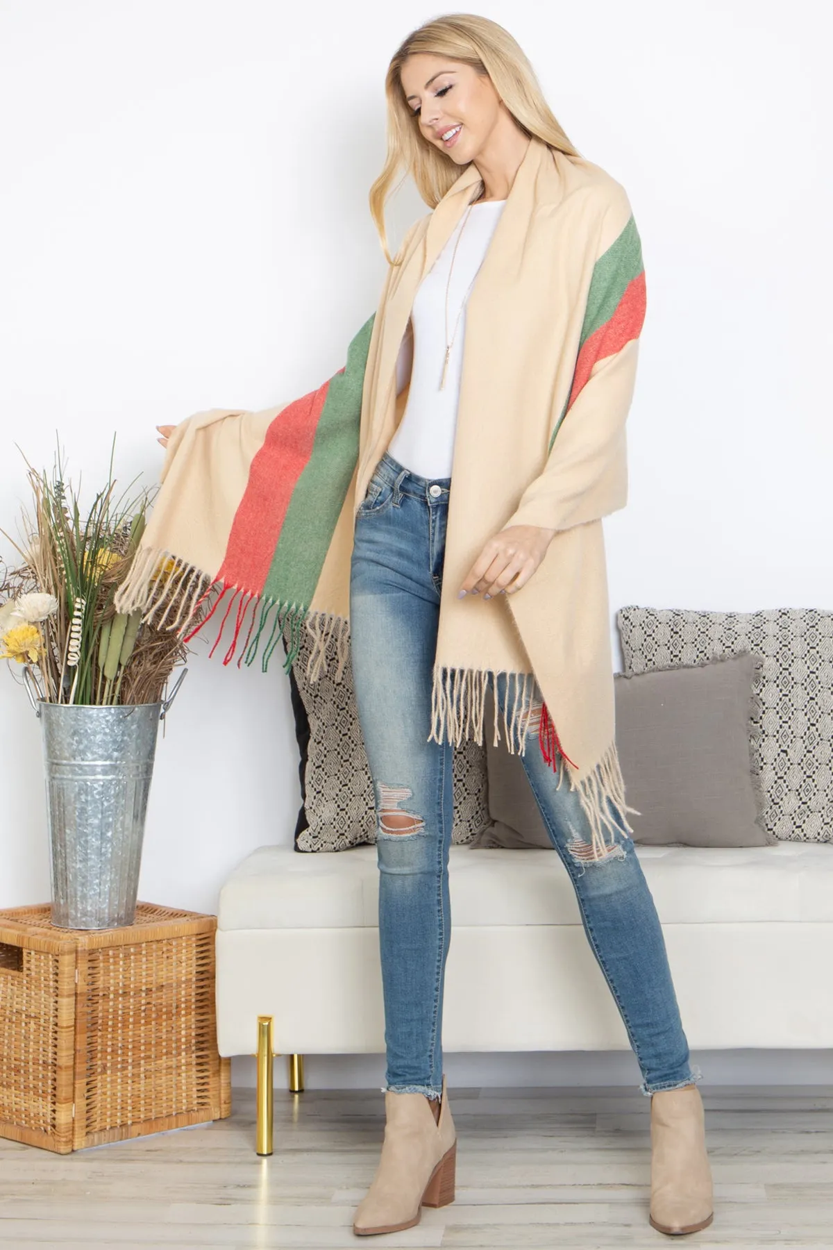 STRIPED KNIT FRINGE WARMER SCARF WRAP