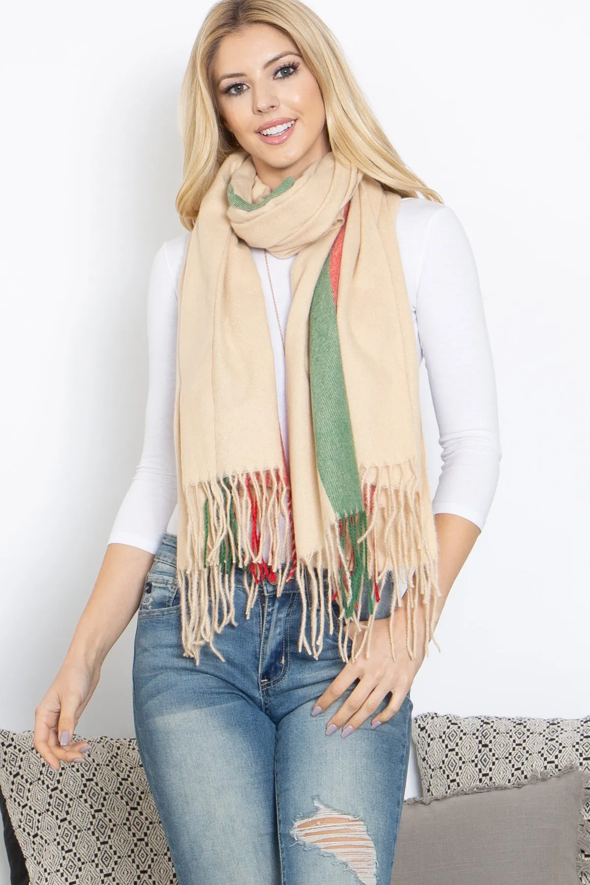 STRIPED KNIT FRINGE WARMER SCARF WRAP