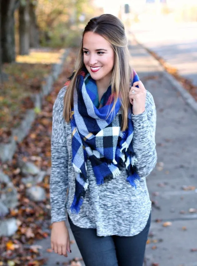 Stylish Plaid Blanket Scarf In Blue