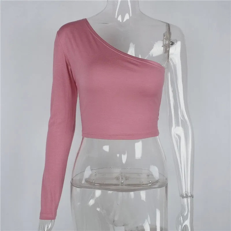 Sweet Long Sleeve One Shoulder Red Crop Top