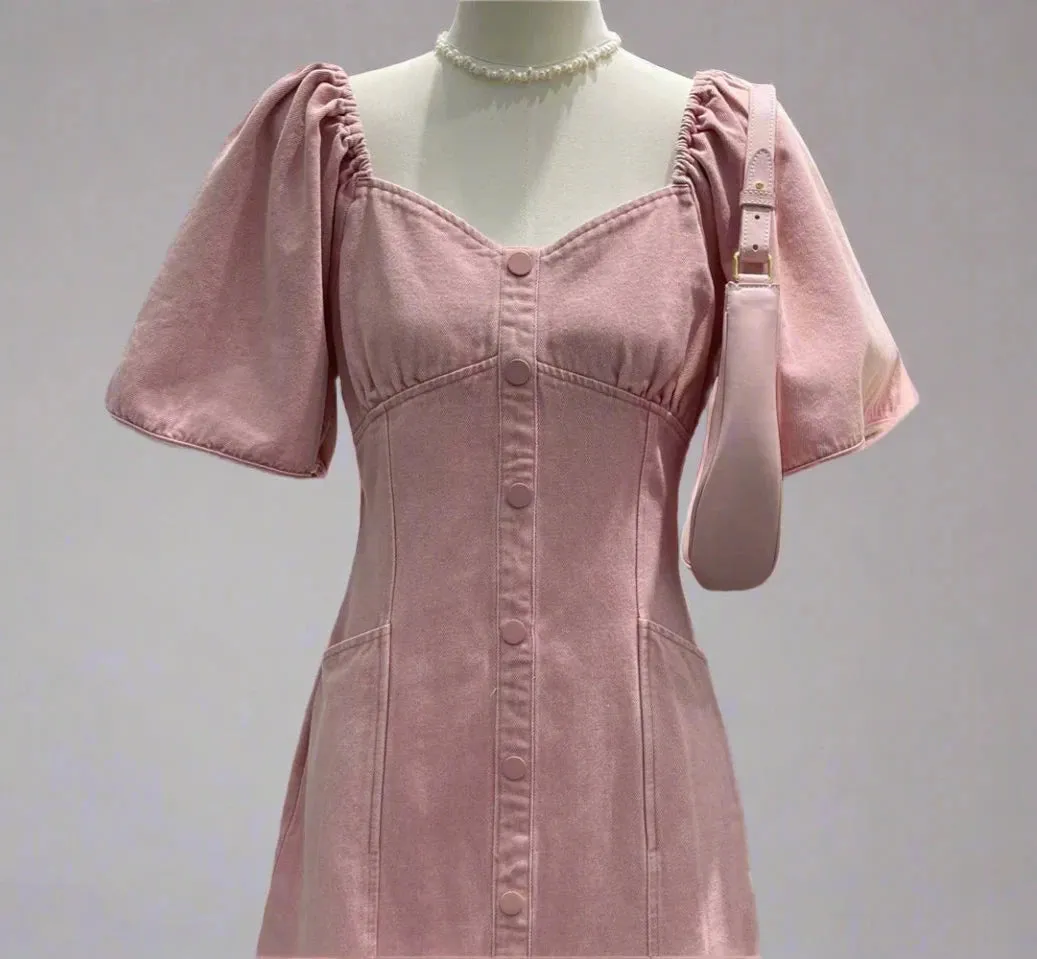 Sweet Pink Puff Sleeve Denim Dress