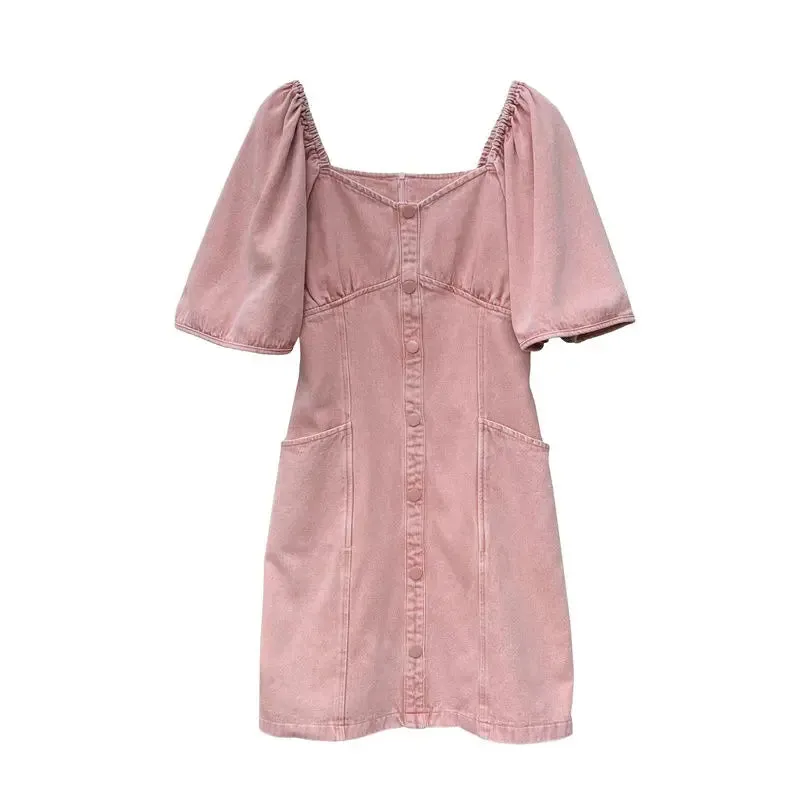 Sweet Pink Puff Sleeve Denim Dress