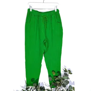Tapered linen trousers with elasticated waist with drawstring and pockets (M)