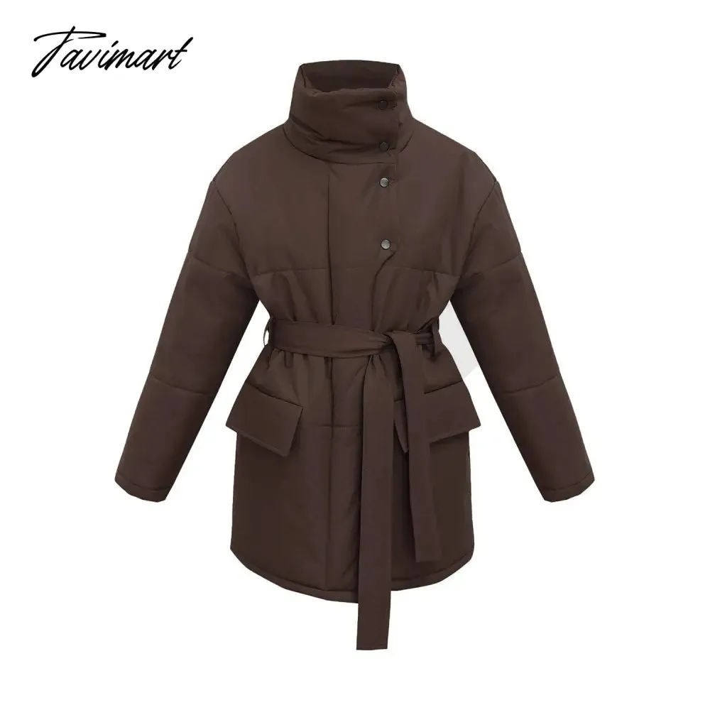 Tavimart  Casual Collar Cotton-padded Parkas Women Fashion Tie Belt Solid Black Coats Women Elegant Zip Up Cotton Jackets Female Ladies