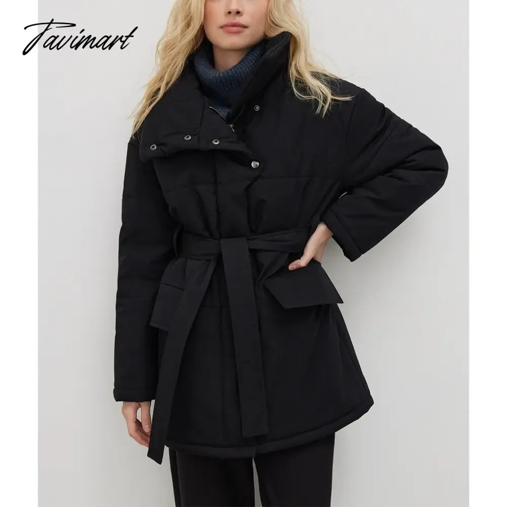 Tavimart  Casual Collar Cotton-padded Parkas Women Fashion Tie Belt Solid Black Coats Women Elegant Zip Up Cotton Jackets Female Ladies