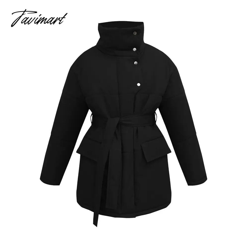 Tavimart  Casual Collar Cotton-padded Parkas Women Fashion Tie Belt Solid Black Coats Women Elegant Zip Up Cotton Jackets Female Ladies