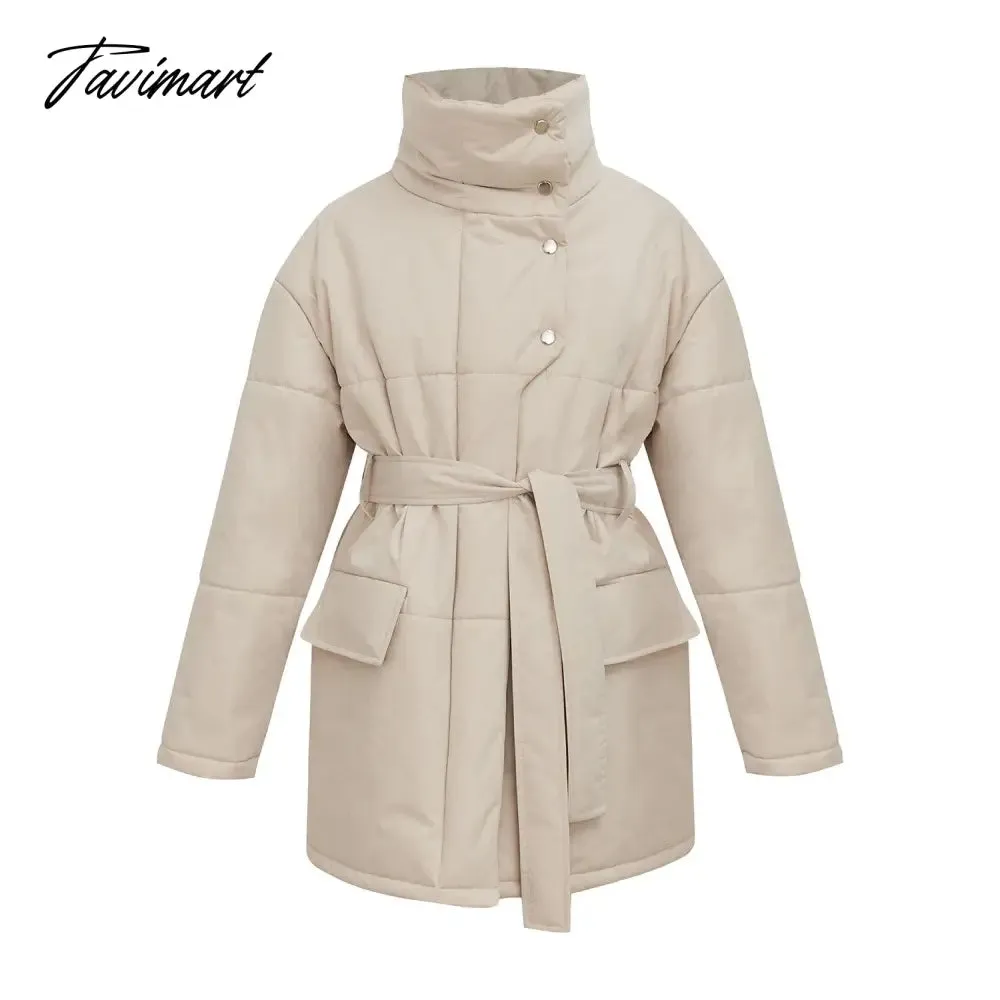 Tavimart  Casual Collar Cotton-padded Parkas Women Fashion Tie Belt Solid Black Coats Women Elegant Zip Up Cotton Jackets Female Ladies