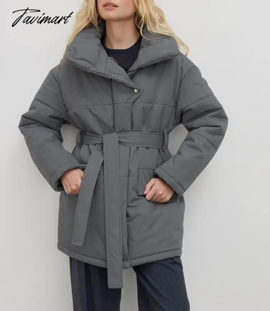 Tavimart  Casual Collar Cotton-padded Parkas Women Fashion Tie Belt Solid Black Coats Women Elegant Zip Up Cotton Jackets Female Ladies