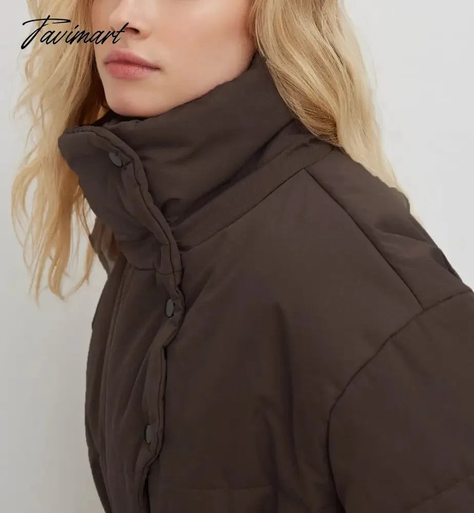 Tavimart  Casual Collar Cotton-padded Parkas Women Fashion Tie Belt Solid Black Coats Women Elegant Zip Up Cotton Jackets Female Ladies