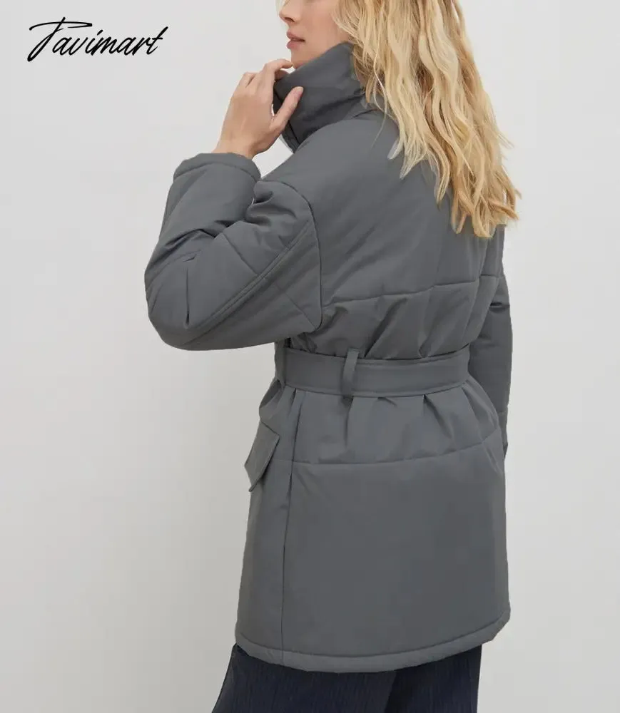 Tavimart  Casual Collar Cotton-padded Parkas Women Fashion Tie Belt Solid Black Coats Women Elegant Zip Up Cotton Jackets Female Ladies