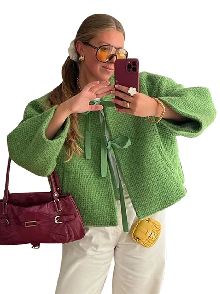 TAVIMART  -  Green Bow Lace Up Cardigans Women Loose O-neck Long Sleeve Pockets Coat Autumn New Lady High Street Tops Outwear