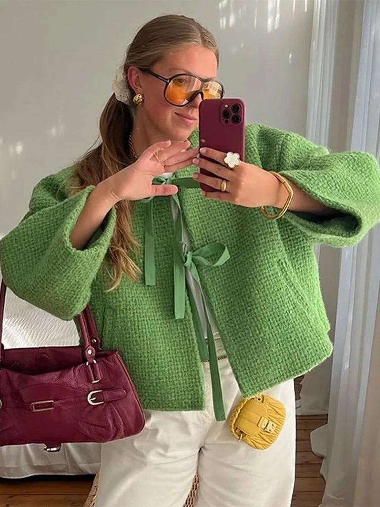 TAVIMART  -  Green Bow Lace Up Cardigans Women Loose O-neck Long Sleeve Pockets Coat Autumn New Lady High Street Tops Outwear