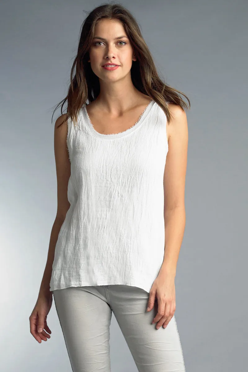 Tempo Paris White Linen Tank With Frayed Neckline