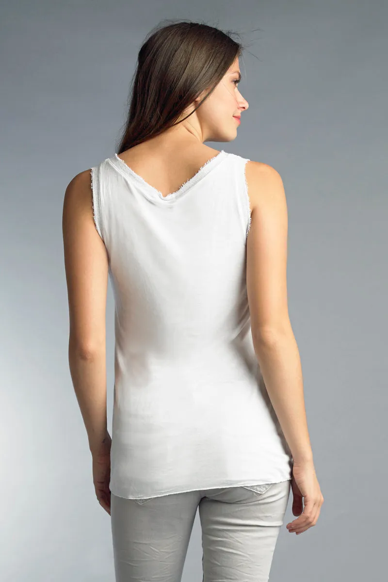 Tempo Paris White Linen Tank With Frayed Neckline