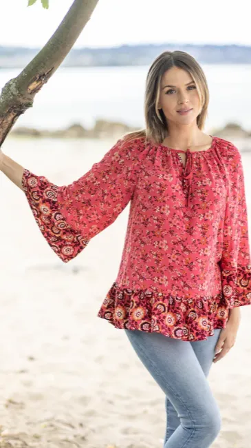 TOP - FLORAL BELL SLEEVE BLOUSE - MULTI RED PT-14087