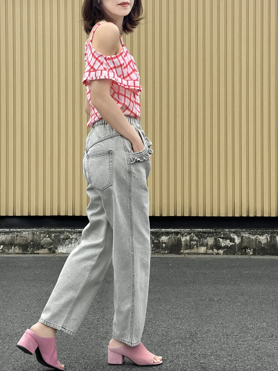 Washed Greyish White Ruffled Pocket Straight Leg Jeans