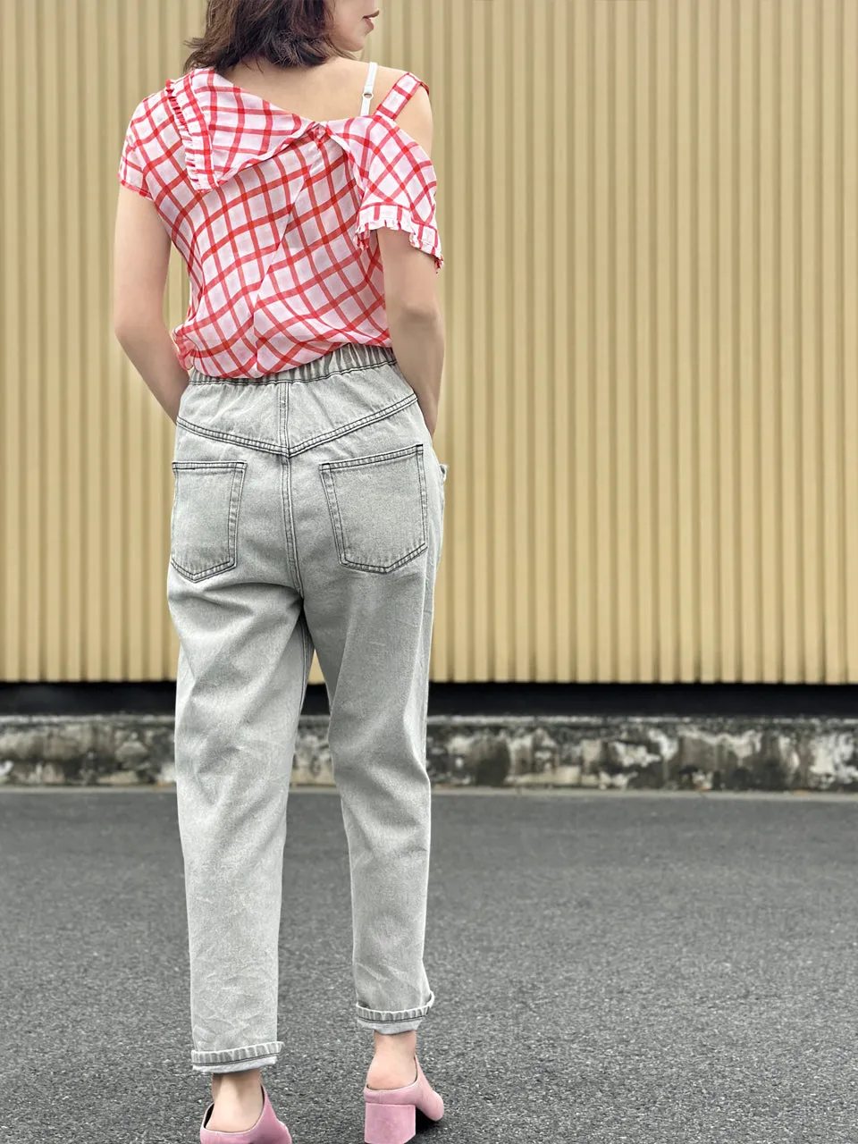 Washed Greyish White Ruffled Pocket Straight Leg Jeans
