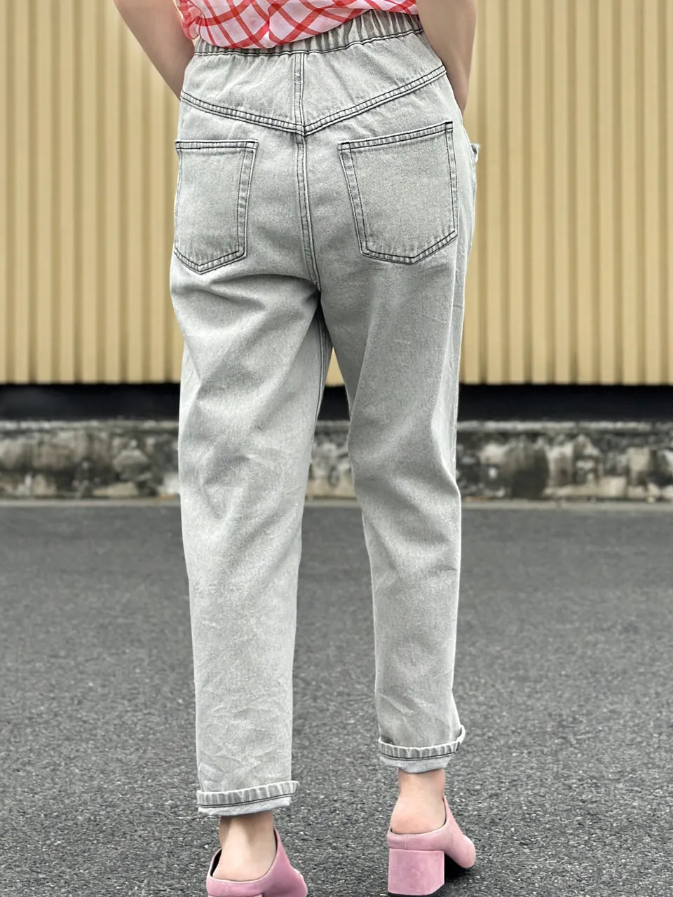 Washed Greyish White Ruffled Pocket Straight Leg Jeans
