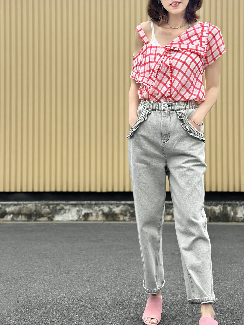 Washed Greyish White Ruffled Pocket Straight Leg Jeans